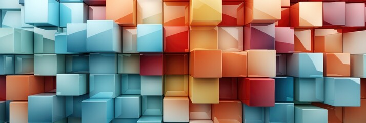 Abstract texture wall with colorful squares and rectangles for background banner. Illustration panorama. Textured 3d geometric wallpaper. - obrazy, fototapety, plakaty