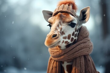 Cute giraffe wearing scarf and knitted hat. Portrait of funny animal on outdoor winter background, close up with copy-space.