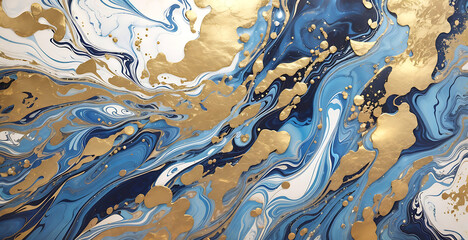 Abstract marble marbled ink painted painting texture luxury background banner - Blue waves swirls gold painted splashes (Generative Ai)