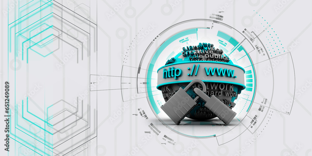 Poster 3d illustration network community concept . lock with http sign