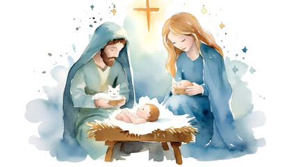 Christmas nativity scene with the holy family. Watercolor illustration.