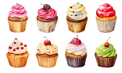 Collection of sweet cupcakes in many flavors in watercolor style for decorating holiday cards.