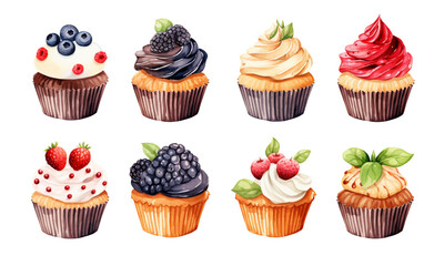 Collection of sweet cupcakes in many flavors in watercolor style for decorating holiday cards.