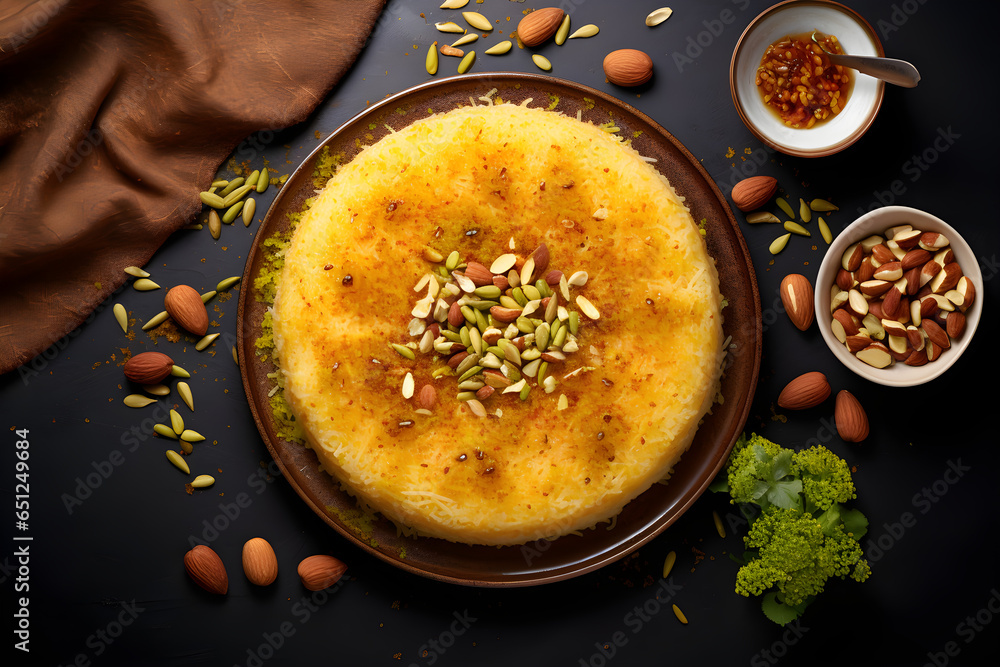 Wall mural Oriental Arabic sweets cake kunafa with cheese and pistachios