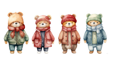 A collection of cute teddy bears in various outfits, male, female and children, watercolor style for decorating festival cards.