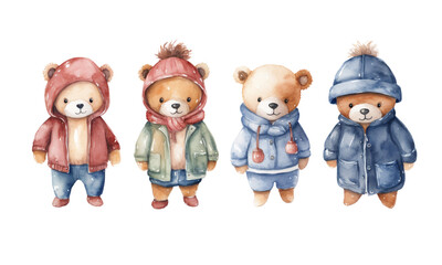 A collection of cute teddy bears in various outfits, male, female and children, watercolor style for decorating festival cards.