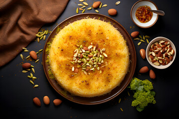 Oriental Arabic sweets cake kunafa with cheese and pistachios - obrazy, fototapety, plakaty