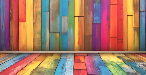old rustic abstract painted wooden wall table floor texture - wood background panorama banner long, rainbow painting colors LGBT, seamless pattern (Generative 