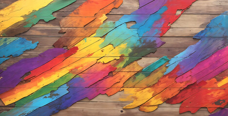 old rustic abstract painted wooden wall table floor texture - wood background panorama banner long, rainbow painting colors LGBT, seamless pattern (Generative 