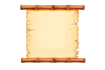 Bamboo frame with old parchment paper decorated with rope in cartoon style isolated on white background. Game ui board, sign