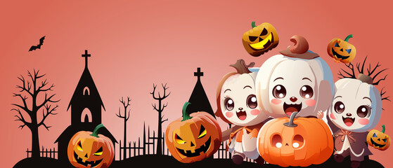 Halloween celebration background concept and three children dressed in pumpkin ghost costumes running around nicely in the village on red background. illustration, copy space, banner- 3D rendering