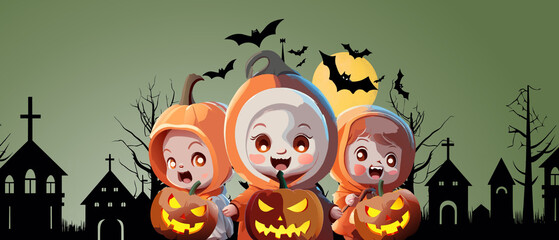 Halloween celebration background and three children dressed in cute ghost costumes holding pumpkins in green background. illustration, copy space, banner, poste - 3D rendering