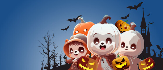 Halloween celebration background concept and three children dressed in pumpkin ghost costumes in purple background of scary. copy space, banner, poste - 3D rendering