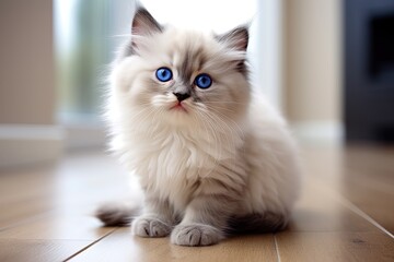 Siberian kitten with blue eyes sitting on the floor at home, Cute cat with blue eyes sitting on the floor and looking at camera, AI Generated - Powered by Adobe