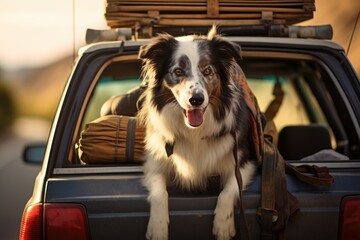 Border Collie dog sitting in the trunk of a car at sunset, Cute dog at back of car ready for travel, AI Generated