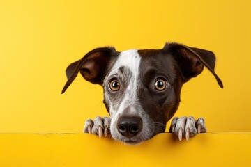 Cute young frightened brown and white dog peeking out against a bright yellow background