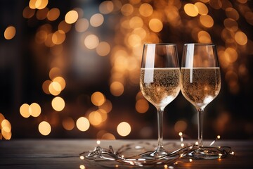 Two crystal glasses of champagne on a blurred background of bokeh garlands
