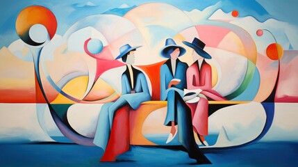 Three girlfriends sit on a bench and talk, abstract painting, background, illustration