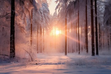 Winter forest with frost and snow, sun rays penetrate through the trees