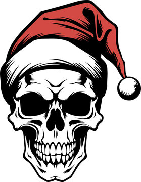 Skull in a Christmas hat, Hand drawn Skull illustration