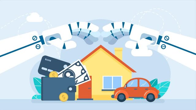 Сoncept of property and life insurance. Сar, health, house, money, finance being safeguarded by smart artificial intelligence, robot hands. Automated Protection against hazards. 2d flat animation