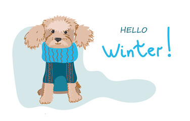 Cute dog in warm winter costume. Flat vector illustration isolated on white background.