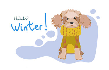 Cute dog in warm winter costume. Flat vector illustration isolated on white background.