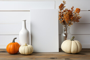 Picture frame blank mockup with decorative pumpkins and a vase of dry leaves on a table. Halloween and Thanksgiving concepts