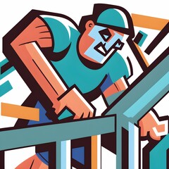 An abstract 2D illustration vextor drawing of a craftsman installing a railing and being super happy to use for an icon for a website 