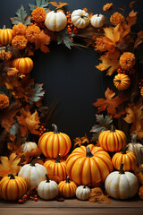 Naklejka na ściany i meble Pumpkins Framing a Wooden Gate with a Floral Bunch of Leaves on a Dark Background. Autumn Interior Design Halloween and Thanksgiving Concept