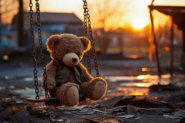 Nostalgic scene of an abandoned teddy bear on an empty swing in a playground during a emotive sunset, depicting loneliness and childhood memories. - obrazy, fototapety, plakaty