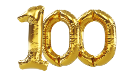 3D render of Golden number hundred metallic balloon. Anniversary sign for happy holiday, celebration, birthday,