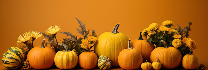Halloween pumpkins with flowers, Festive autumn decor with sunflower leaves on a wooden table for Halloween Holiday or Thanksgiving Day.