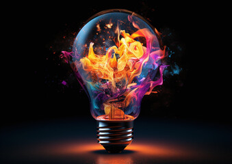 light bulb bursting, throwing colorful paint onto a black backdrop, a creative idea taken to the extreme