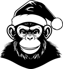 Monkey in a Christmas hat, Ape head in Christmas hat illustration