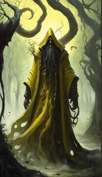 Hastur in a forest long yellow robe that becomes tentacle legs 
