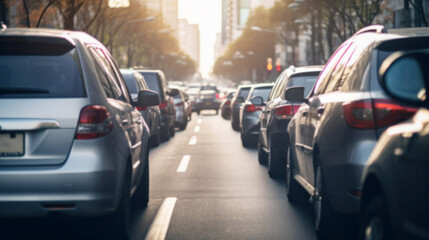 Cars in heavy jams traffic in the center of city streets, highways, abstract images blurry background