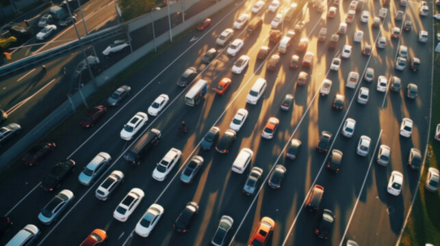 Aerial image of Cars in heavy jams traffic in the center of the highway, abstract image blurry background
