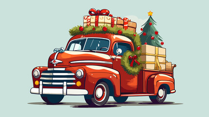 Hand drawn cartoon Christmas decorated car illustration
