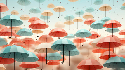 Fototapeta na wymiar pastel Colorful umbrellas on the raining sky.