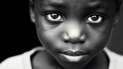 gros plan noir et blanc d'un visage d'enfant africain, regard intense et profond, texture de peau et éclairage contrasté - obrazy, fototapety, plakaty