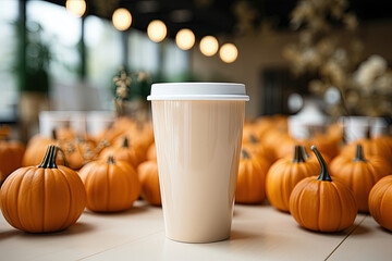 White plastic coffee cup blank mockup with autumn fall home decor, pumpkins, and Tea cup. Halloween or Thanksgiving concept