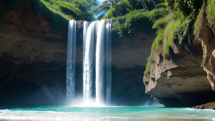 Realistic photo painting of waterfall on a paradisiacal beach, Generative Ai. - obrazy, fototapety, plakaty
