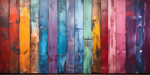 abstract texture background from old wooden boards painted in rainbow colors. colored wood. AI generative
