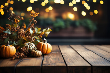Wooden table Halloween decorations with light and bokeh background, free space. Thanksgiving day concept