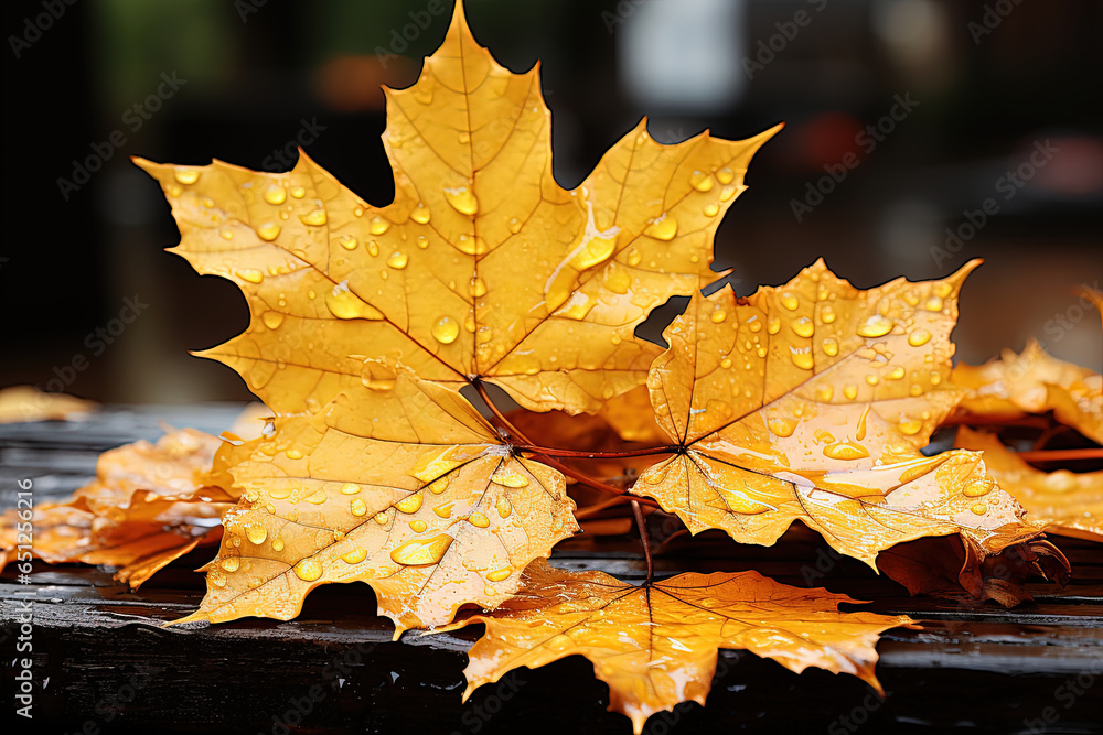 Poster yellow maple leaves on a wooden table with a blurred bokeh background. empty free space for product 
