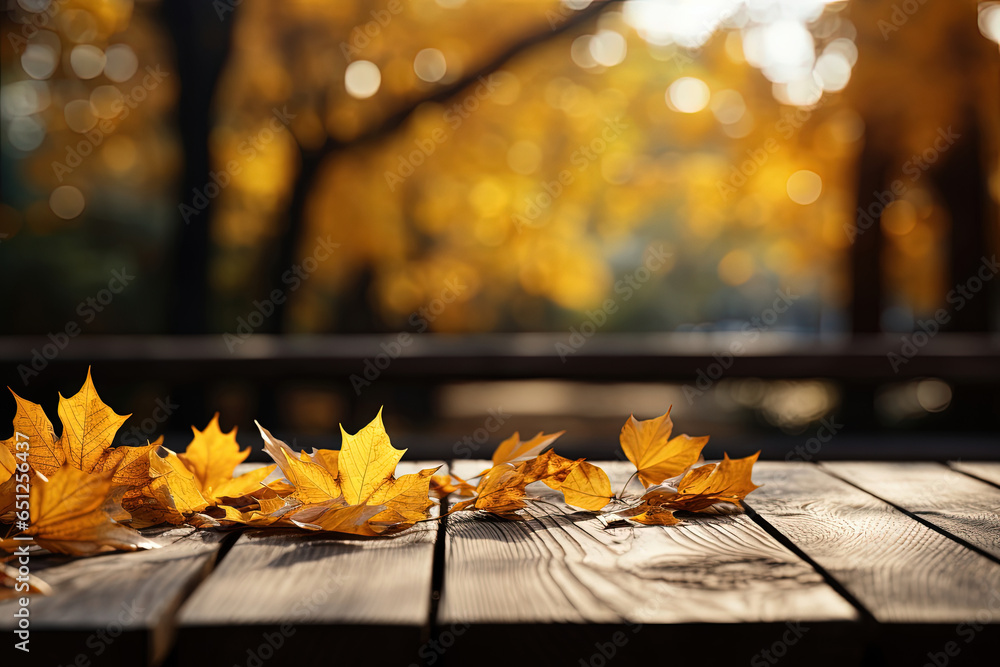 Wall mural yellow maple leaves on a wooden table with a blurred bokeh background. empty free space for product 