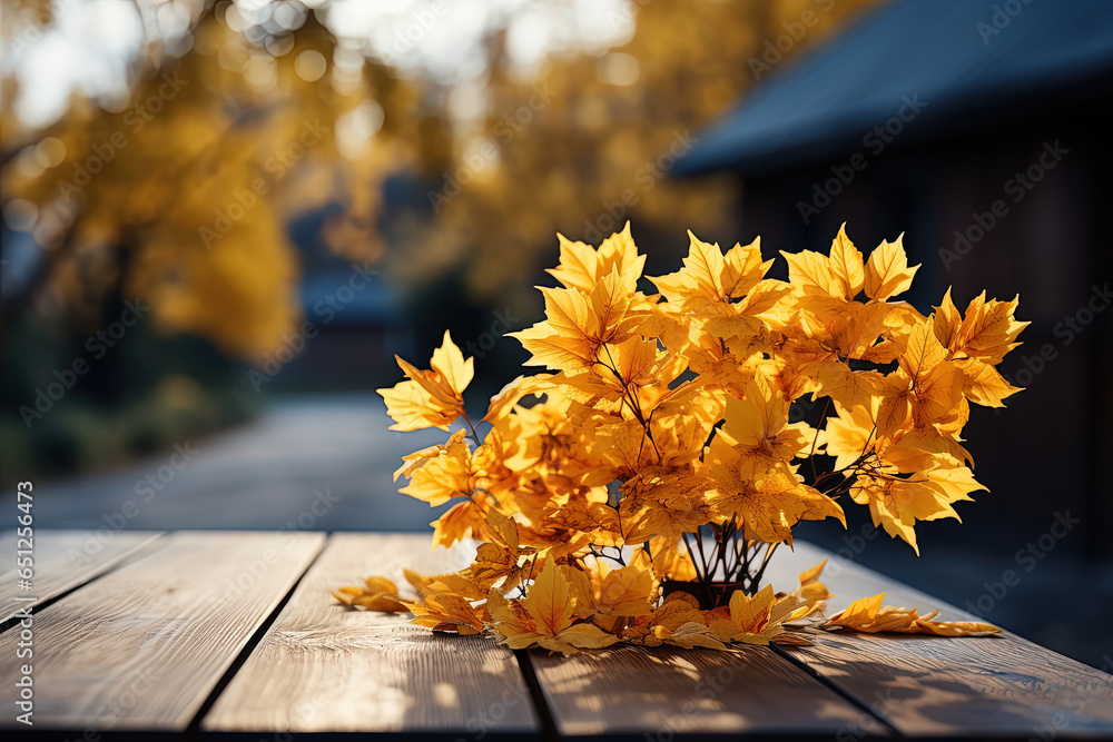 Wall mural yellow maple leaves on a wooden table with a blurred bokeh background. empty free space for product 