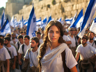 Fototapeta premium Beautiful Jewish woman at a demonstration in the center of Jerusalem