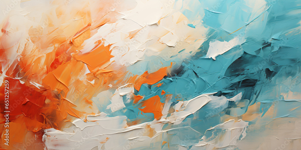 Poster abstract texture background made of rough artist strokes with orange and turquoise paint on canvas. 